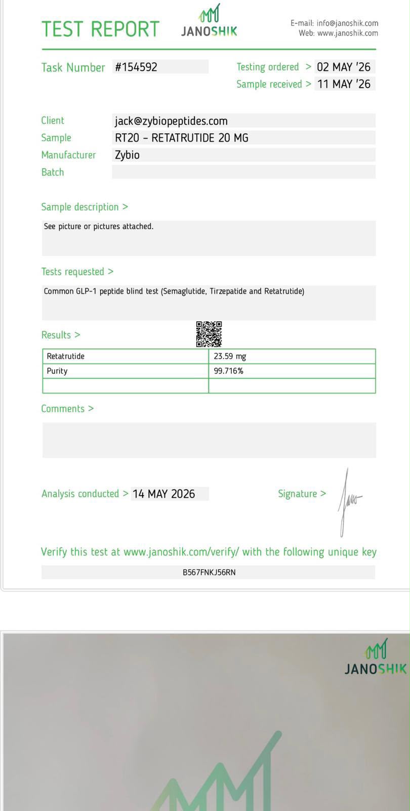 Original Janoshik report 154592 for Retatrutide 20 mg