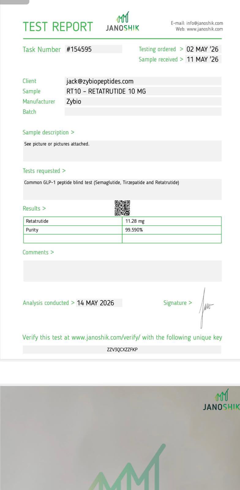 Original Janoshik report 154595 for Retatrutide 10 mg