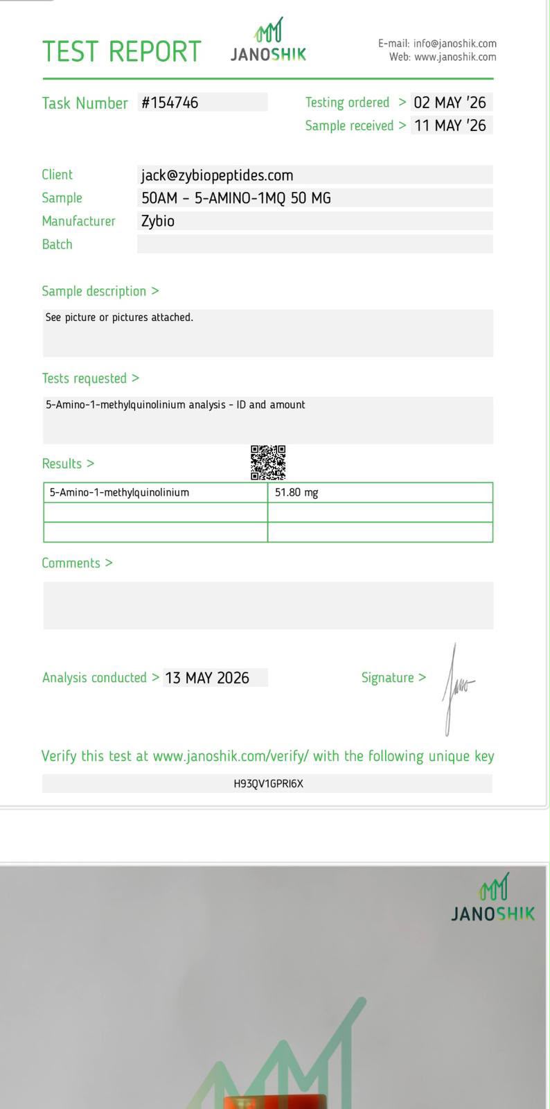 Original Janoshik report 154746 for 5-Amino-1MQ 50 mg