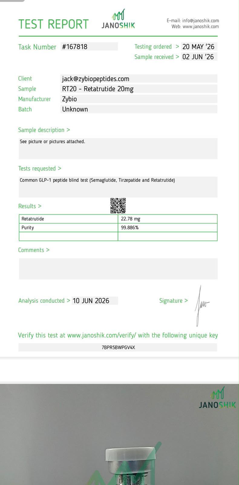 Original Janoshik report 167818 for Retatrutide 20 mg