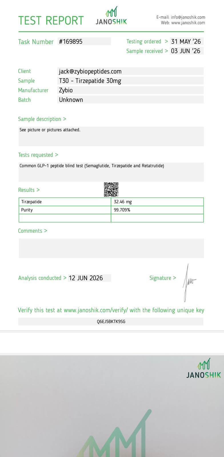 Original Janoshik report 169895 for Tirzepatide 30 mg