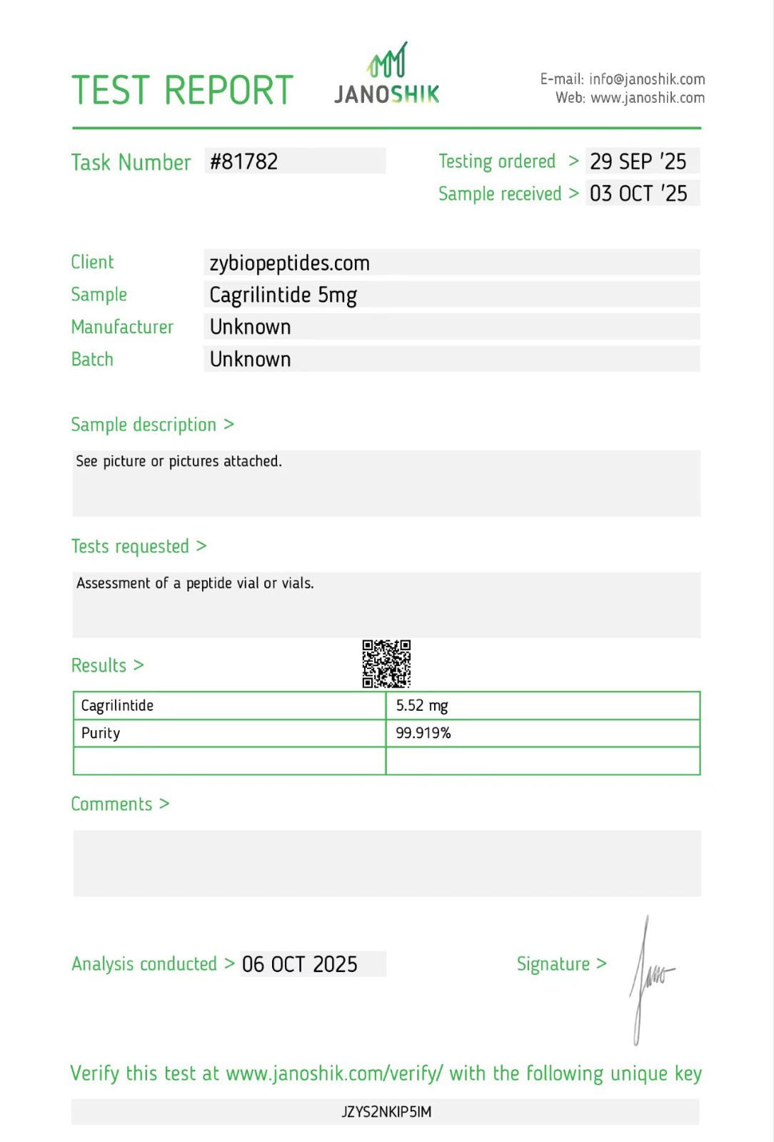 Original Janoshik report 81782 for Cagrilintide 5 mg